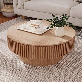 Round Coffee Table with Storage, Modern Wooden Coffee Table with Solid Wood Veneered, Circle Center Table Accent Tea Table for Living Room Apartment Small Space (31.5''L × 31.5''W × 14''H, Natural)