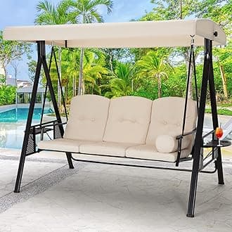 AECOJOY 3 Seater Garden Swing Chair,Outdoor Swing Bench With Adjustable Canopy,Swing Chair for Outside, Backyard, Garden(Beige Cushion&Steel Frame)