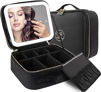 Travel Makeup Bag Cosmetic Bag Makeup Organizer Bag with Lighted Mirror, Adjustable Brightness in 3 Color Scenarios, Waterproof Makeup Train Case, Gift for Women - Black