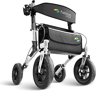 All Terrain Walker with Puncture-Proof, Flat-Free Solid Rubber Tires, 12" Wheels - Foldable Outdoor Walker for Seniors with Seat, Ergonomic Handles and Extra Padded Backrest