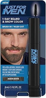 1-Day Beard and Brow Colour Brush, For Instant 1-Step Grey Coverage, Brush-In, Wash-Out, For A Thicker Well-Defined Look, Medium Brown