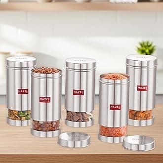 HAZEL Stainless Steel Transparent See Through Container, Silver, Set of 5, 1 Ltr