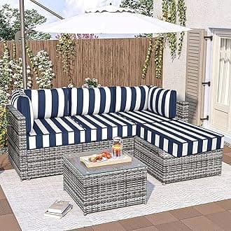 Outdoor Sectional Cushions, 5" Replacement Cushions for Patio Furniture, 9 Piece Water-Resistant Couch Replacement Set, for 4-seat Patio L Shaped Wicker Sofa (Blue Striped)