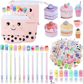 Sabary 228 Pcs Kawaii Stationary Set Include Telescopic Pencil Pouch Case Bag Gel Ink Pen Sticky Note Bubble Tea Sticker Pill Highlighter Stationary Cute Supplies for Christmas(Vivid)