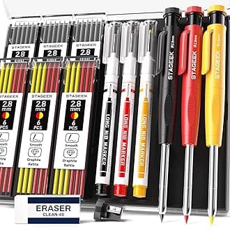 3PCS Carpenter Pencils with Sharpener, Heavy Duty Woodworking Tools, Mechanical Pencil Set with 39 Refills, Deep Hole Long Nib Marker Pens for Architect Marking with Case (Red, Black, Yellow)