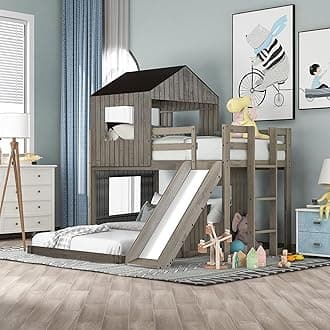 Twin Over Full House Bunk Beds with Full Size Bottom Platform Bed Frames and Slide, Antique Gray