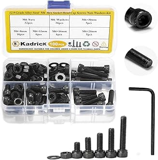 Kadrick Metric Screws Assortment - 100 Pcs M6 Hex Socket Head Cap Bolts, 8mm/12mm/16mm/20mm/30mm With Nuts and Washers - 12.9 Grade Alloy Steel, Black Zinc Plated, Anti-Rust Upgrade
