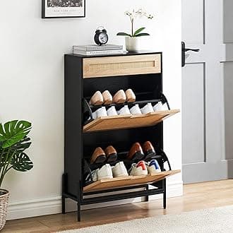coucheta Natural Rattan 2 Flip Down with 1 Drawer Free-Standing Shoe Rack, Shoe Cabinet Wood Organizer Freestanding with 3-Tier Adjustable Shelves for Entryway Hallway Doorway (Black)
