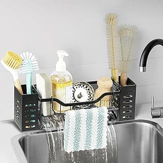 LBTING Sink Caddy for Kitchen, Wall Mounted Sponge Holder with 2 Brush Storage Slots, Self-Draining Carbon Steel Kitchen Sink Caddy for Organizing Sponge, Brush, Soap Dish Dispenser – Black