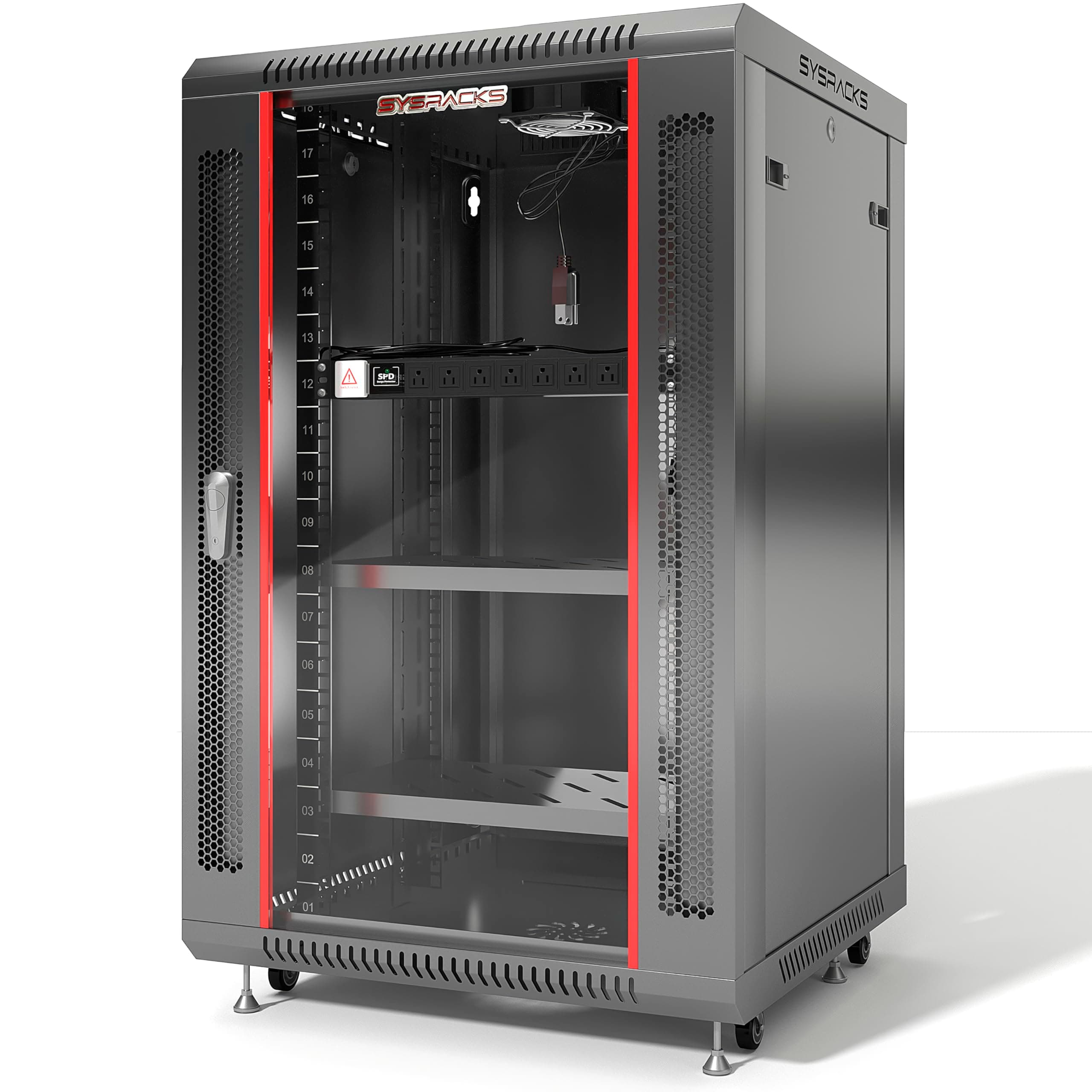 Sysracks 18U Wall Mount Server Rack Cabinet, 19” Locking Network Rack, 24” Deep, Glass Door, with Fan, PDU and Shelf