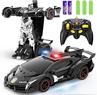 Remote Control Car - Transform Car Robot, One Button Deformation to Robot with Flashing Light, 2.4Ghz 1:18 Scale Transforming Police Car Kids Toys with 360 Degree Rotating Drifting, Toys