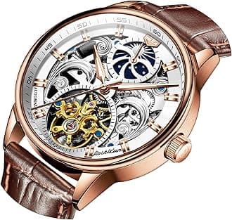 Men's Skeleton Watch Luxury Dress Black Leather Silver Gold Tourbillon Moon Phase Automatic Mechanical Self-Winding Waterproof Luminous Wrist Watches…