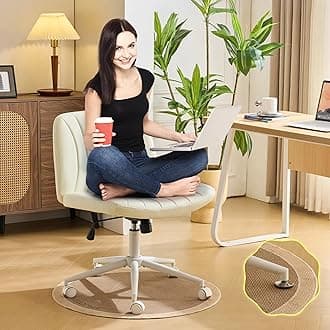 Criss Cross Legged Chair,Wide Comfy Office Desk Chair,Dual-Use with/no Wheels Computer Task Chair,Swivel Armless Vanity Rolling Chair for Study,Make Up,Home Office,Cat Scratch PU Leather,Beige