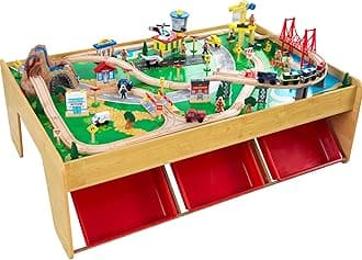 KidKraft Waterfall Mountain Wooden Train Table with Storage Boxes, Train Track Set with Wooden Toy Cars, Crane, Helicopter, Airplane and Accessories Included, Kids’ Toys, 17850