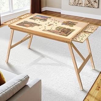 TEAKMAMA 27.6" H Tall 1500 Piece Puzzle Table with Legs, 4 Drawers, 34.3" W x 26.5" D Large Wood Folding Jigsaw Puzzle Board with Cover for Adults, Nature