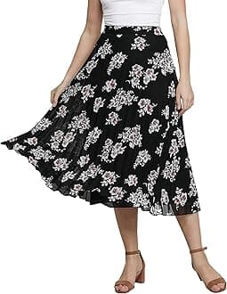 Women's Ditsy Floral Print High Waist Skirt Pleated A-line Long Skirt Beach Elasticated Midi Skirt