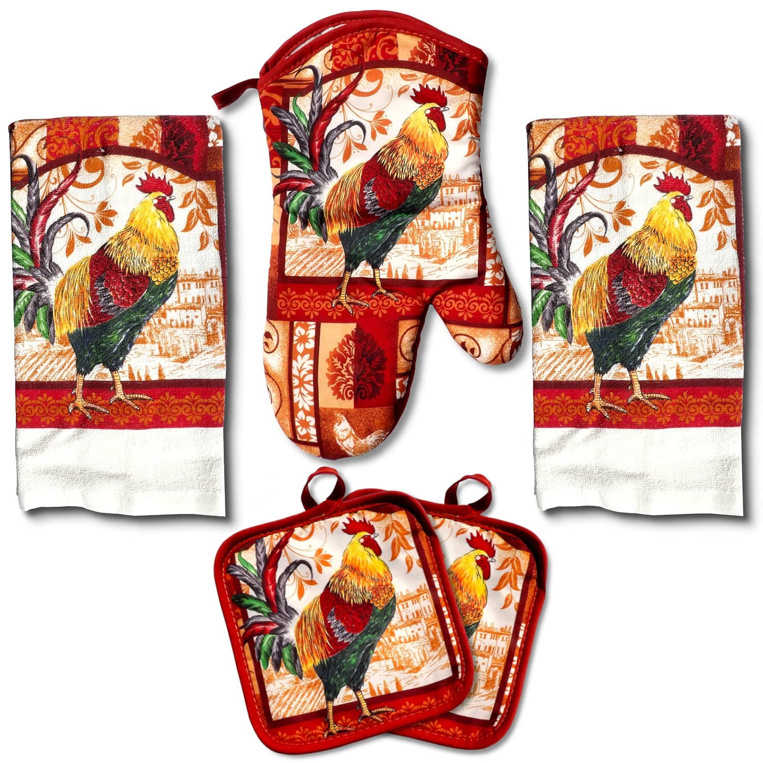 Lobyn Value Packs: Decorative & Functional Rustic Rooster Kitchen Set – 5 Pieces, Perfect for Farmhouse Décor Set Includes 2 Dish Towel 2 Pot Holders 1 Oven Mitt | Kitchen Towel Set for Daily Use