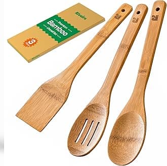 Riveira Dark Bamboo Wooden Spoons for Cooking 3-Piece, Apartment Essentials Wood Spatula Spoon Nonstick Kitchen Utensil Set Premium Quality Housewarming Gifts for Everyday Use