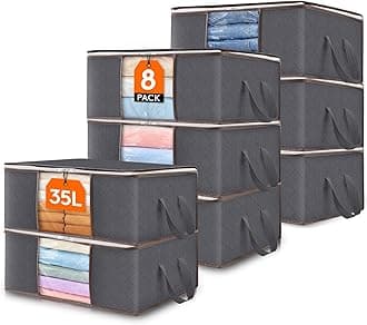 Lifewit 8 Pack 35L Clothes Storage Bins with Lids, Foldable Blanket Storage Bags with Zippers, Clear Window and Reinforced Handles, Closet and Organization for Clothing, Sweater, Comforter, Bedding