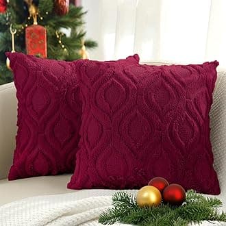 decorUhome Christmas Throw Pillow Covers 18x18 Inch Set of 2, Soft Plush Faux Wool Burgundy Solid Couch Pillow Covers, Accent Farmhouse Neutral Square Pillow Cases for Sofa Bed Living Room