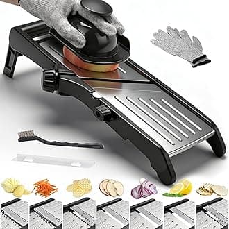 Mandoline Food slicer for kitchen, Adjustable Stainless Steel Mandoline Vegetable slicer, Food slicer Onion Potato Chip French Fry, 7 in-1 Adjustable Blade, Including 1 Pair of Gloves