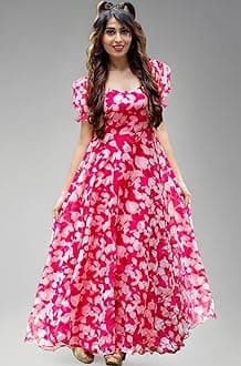 Shasmi Women's Georgette Digital Printed Maxi Dress for Women (Dress 39 Neon Pink L)