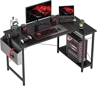 L Shaped Gaming Desk, 100x70 cm Computer Desk with Storage Bag, Office Desk Writing Table with Large Reversible Storage Shelves, Workstation for Study Play Work Home Office, Black