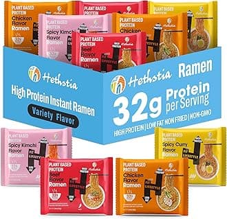 Hethstia High-Protein Ramen Variety Pack (Chicken, Beef, Spicy Kimchi, Spicy Curry), 6-Pack Instant Ramen Noodle Soup, 32g Plant-Based Protein, Vegan, Non-GMO, Low Fat, Pre-Packaged Quick Meal