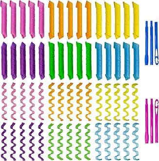 60pcs Heatless Hair Curlers Rollers Spiral and Wave Styling Kit with 2 Sets Styling Hooks,No Heat Curlers for Women Girl's Medium and Long Hair (17.8 Inch/45 cm)