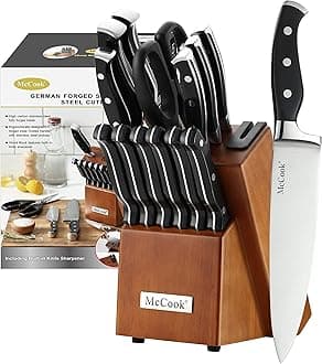 Knife Sets, German Stainless Steel Kitchen Knives Set with Built-in Sharpener and Wooden Block
