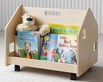 Montessori Wooden 4 Tier Double-Sided Kids Mobile Wheels Bookshelf Toddler Children Book Shelf Portable Movable Storage Bookcase Rack Open Organizer Multifunctional Display Holder (Natural)