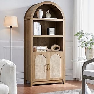 RowyPoey Rattan Arched Cabinet Bookshelf - 69.3” Tall Mid Century Display Cabinet, Rounded Bookcase with Rattan Doors, Open Shelf Storage for Dining Room (Caramel Oak, 1 PC)