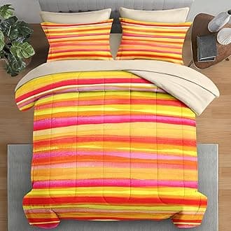 Comforter Set Twin Size, Orange Red Yellow 5 Pcs Bedding for Kids and Adults, Pink Rainbow Dye Bed Sheet Sets with Fitted Sheet Pillowcase & Sham for Bedroom Bed Decor