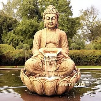 Swarn House Decor's Fiberglass Buddha Lotus Water Fountain With Light, 91 Cm, Decorative Outdoor Garden Fountain For Home And Office 3 Feet (Brown)