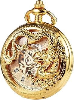 Mens Antique Skeleton Mechanical Golden Pocket Watch Dragon Hollow Hunter with Chain and Box