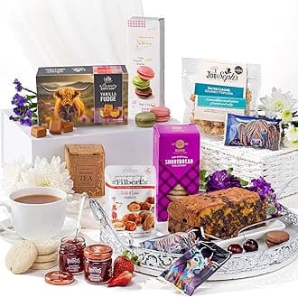 Hattie's Gifts Valentines Day Hamper Afternoon Tea Gift – Gourmet Food Gifts with Genoa Fruit Cake, Fudge, Macarons, Jam, Shortbread, Nuts & Popcorn – Food Hamper for Family and Friends