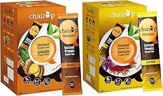 Premium 1 Min Instant Assorted Tea Pack - 20 Sachets | Ginger & Saffron Flavours | 20 Servings | 2 Packs (10 Flavours Each) | 280g