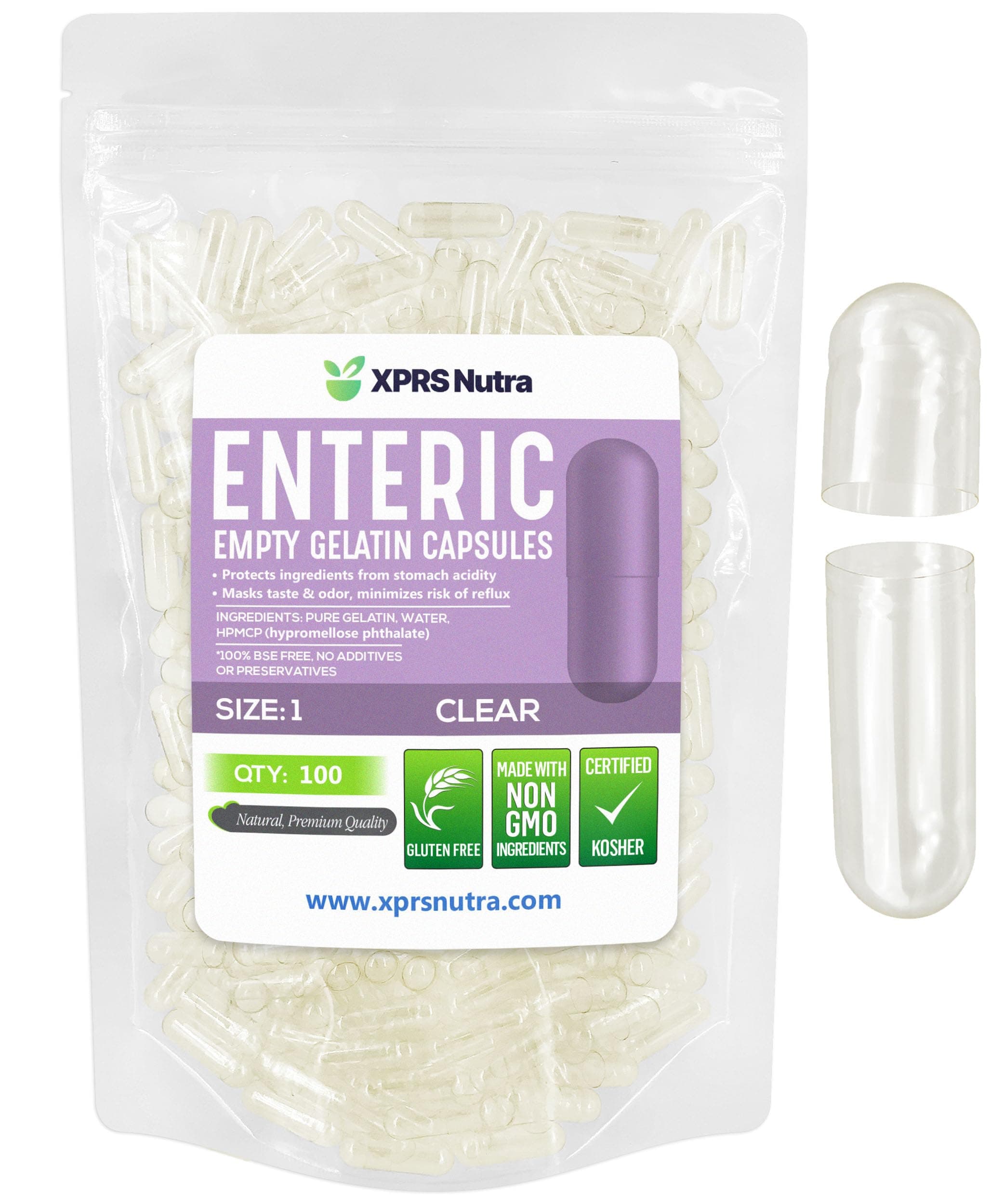 Size 1 Empty Capsules - 100 Count Clear Enteric Coated Empty Gelatin Capsules - Delayed Release Pills - DIY Capsule Filling - Pure Bovine Empty Enteric Gel Caps