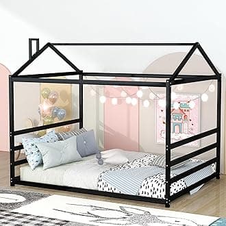 Metal Queen Size Kids Bed Montessori Floor Bed with Roof, Queen House Bed Frame for Boys Girls, Black