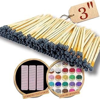 500 Count - 3" Long Black Color Matches | Three Inch Coloful Loose Wooden Safety Match Sticks for Candle Display | Refill Decorative Jar Holder Bottle | Striker Included
