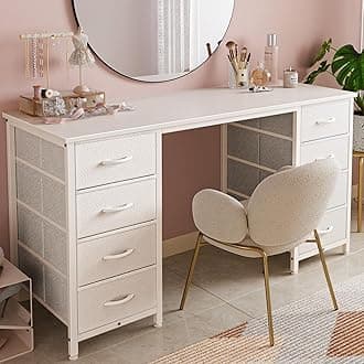 Huuger 47 Inch Vanity Desk with 8 Fabric Drawers, White Desk, Computer Desk with Large Storage, Drawers, for Home Office, Bedroom