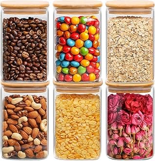ComSaf 37oz Glass Storage Containers with Lids, Glass Jars with Bamboo Lids, Clear Food Storage Jar, Square Glass Canister Set of 6, Pantry Organizers and Storage for Flour Oat Pasta Tea Coffee Bean