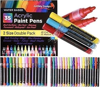 ArtShip Design 35 Premium Acrylic Paint Pens, Double Pack of Both Extra Fine and Medium Tip, for Rock Painting, Mug, Ceramic, Glass, and Fabric Painting, Water Based Non-Toxic and No Odor