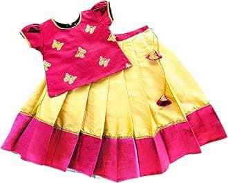 Stanwells KidsLehenga Choli for Girls Cotton Silk Traditional Dress Ethnic Wear for Baby Girls Front Bow Readymade Embroidered Lehenga for Kids Kerala South Indian Pattu Pavadai Lehenga for Kids