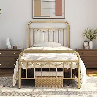 Twin Size Metal Bed Frames with Vintage Headboard and Footboard, Farmhouse Metal Platform Bed, Heavy Duty Steel Slat Support, Ample Under-Bed Storage, No Box Spring Needed, Antique Gold
