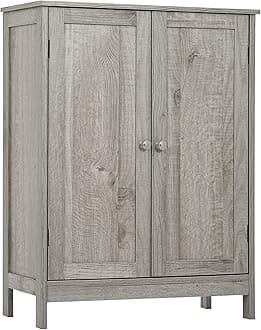 Iwell Floor Storage Cabinet with 2 Adjustable Shelves & 2 Doors, Wooden Bathroom Cabinet for Entryway, Office, Living Room, Gray
