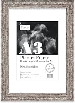 A3 Walnut Ornate Picture Frame With White Mount for A4 (21 x 29.7cm -8.3 x 11.7in) Poster, Photo, Artwork, or Print. Opulent Style Portrait and Landscape Display with Wall Hooks
