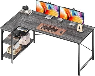 - Huuger L Shaped Desk, 55 Inches Computer Desk with Reversible Storage Shelves, for Gaming Corner Home Office Writing Study, Metal Frame, Gray