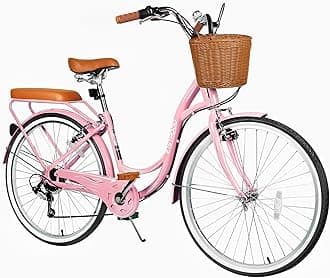 26 Inch Folding Beach Cruiser Bike for Women, 7-Speed Ladies Bike with Basket & Rack, Perfect for City Commuting's Bicycle, Ideal for Women and Adults