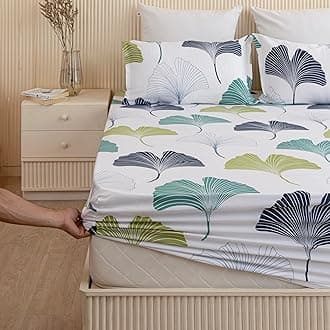 HOMEMONDE 100% Cotton Fitted Bed Sheet for Single Size Bed, Ginkgo Leaf Printed All Around Elastic Bedsheet (72 x 36 Inch) with 1 Pillow Cover | Perfect for Home Decor & Gifting